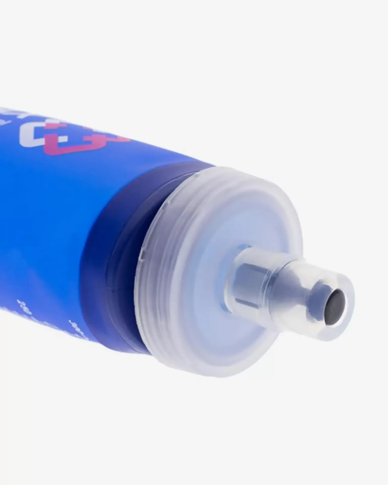 Tubo azul com tampa branca e bocal prateado