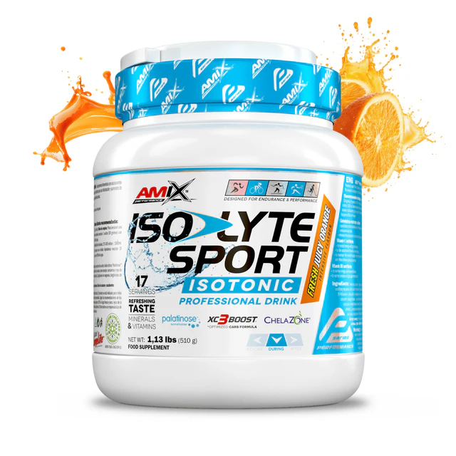 Suplemento alimentar Isolyte Sport Isotonic Amix sabor laranja em embalagem branca com tampa azul