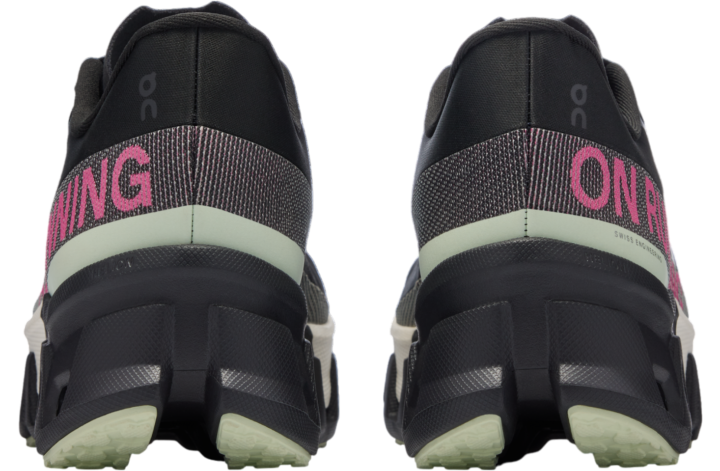 Imagem traseira de sapatilhas desportivas pretas com detalhes em verde claro e rosa