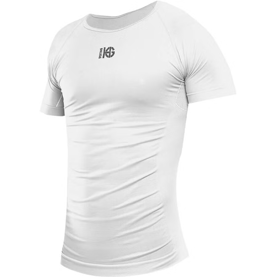 T-shirt desportiva branca justa com texto HZZTHING no peito