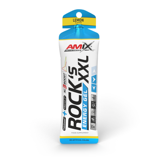 Gel energético AMIX ROCKS XXL sabor limão com texto e ícones de desportos