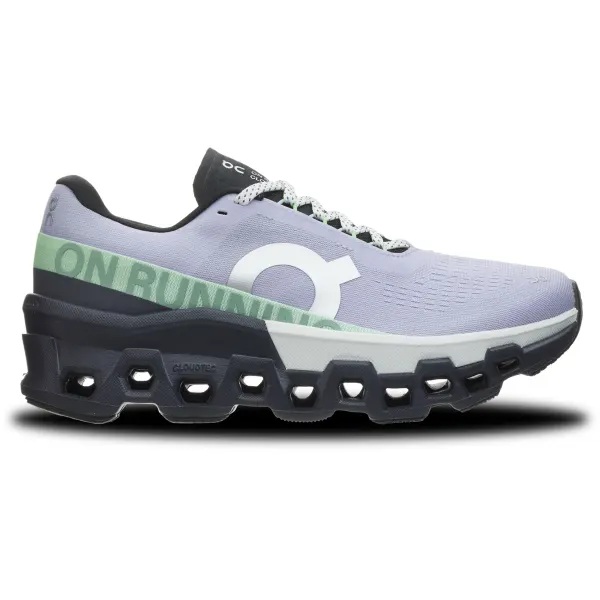 Ténis de corrida On Running lilás com sola preta e detalhes verdes