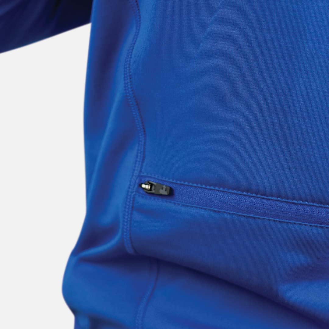 Peça de roupa azul com bolso de fecho éclair preto