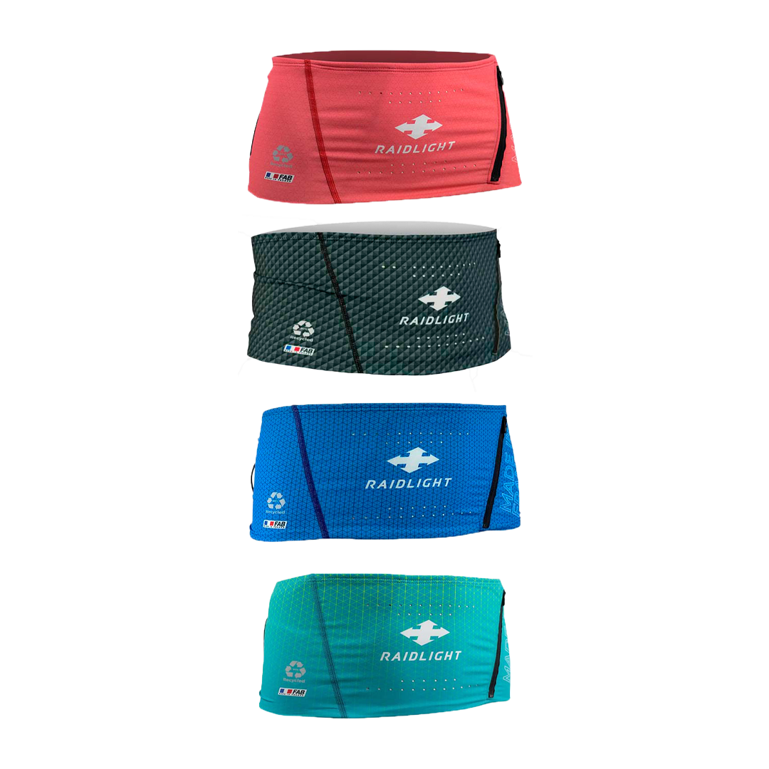 Cintos ou sacos RaidLight sport reutilizáveis em vermelho, verde-escuro, azul e turquesa