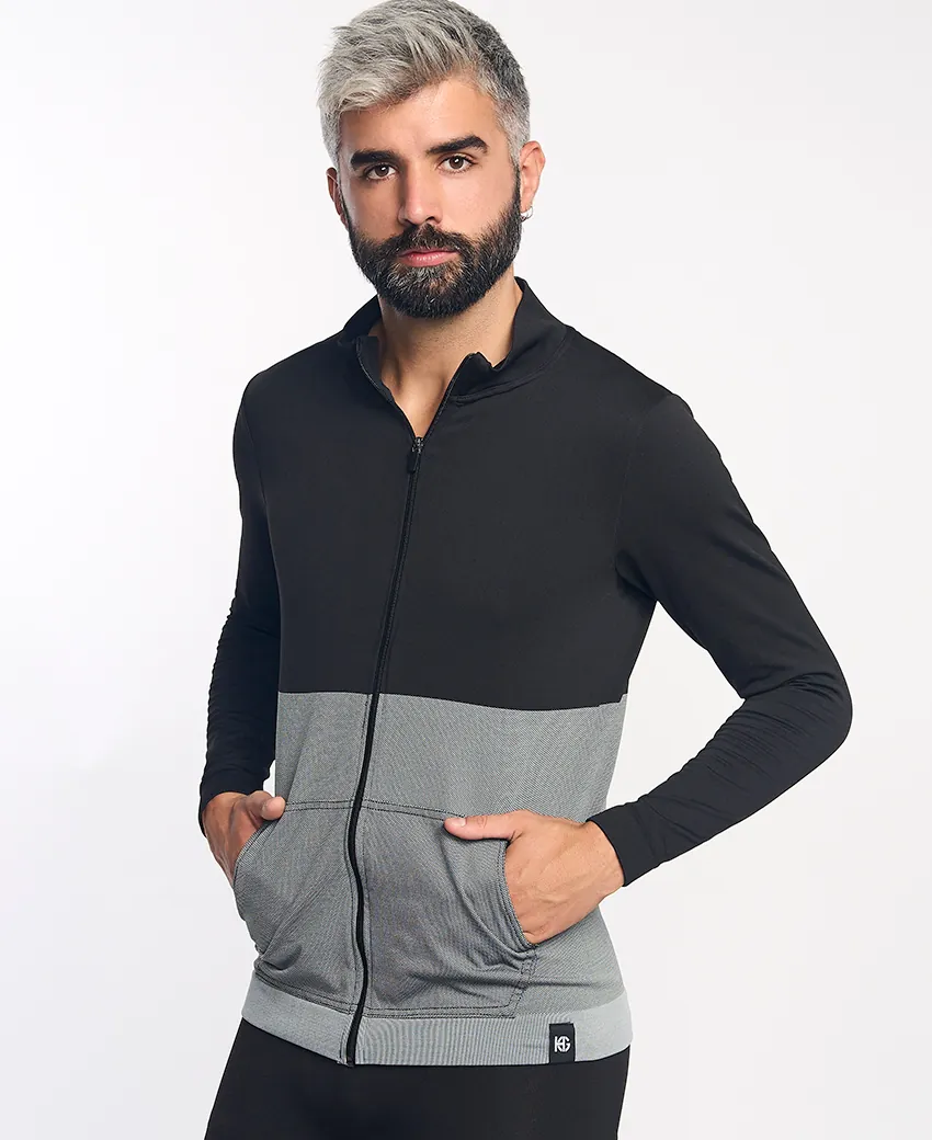 Casaco desportivo bicolor preto e cinzento com fecho e bolsos frontais