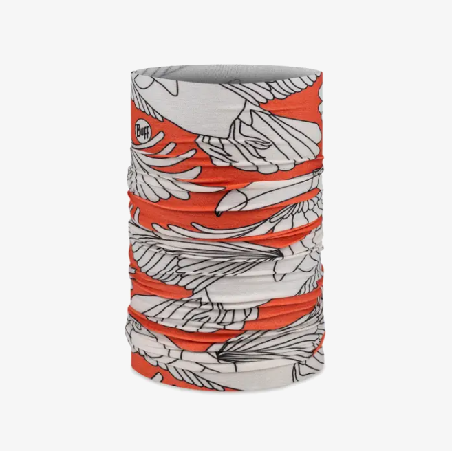 Cachecol tubular Buff laranja com padrão de aves em branco e preto