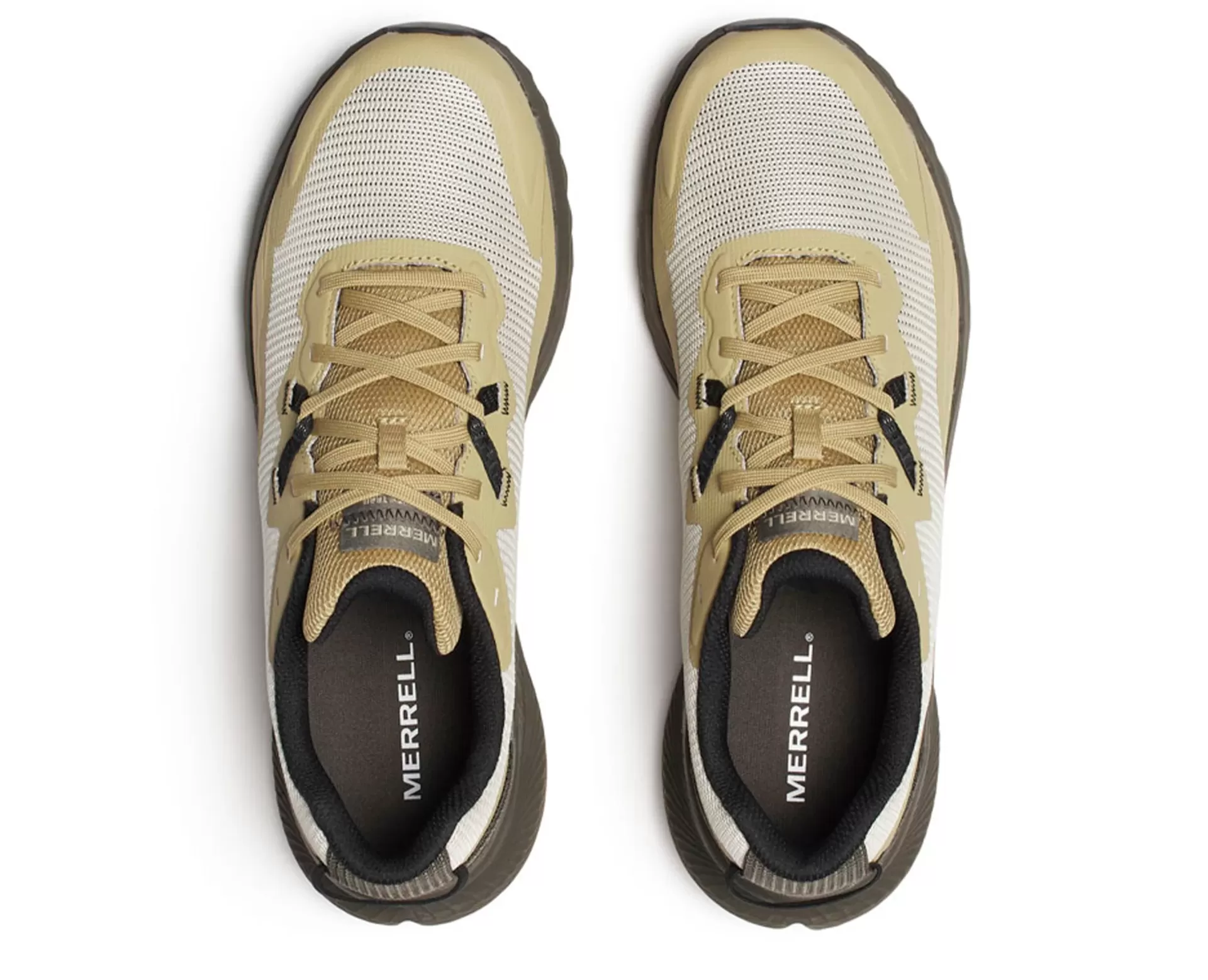 Ténis Merrell bege, branco e preto vistos de cima