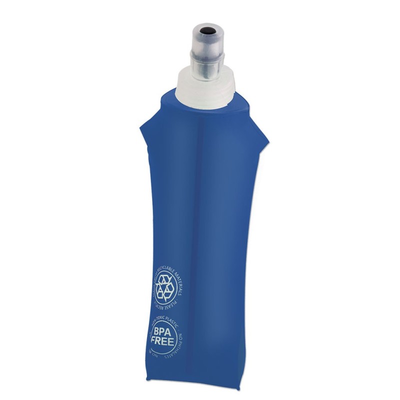 Garrafa flexível azul com tampa transparente e texto BPA FREE