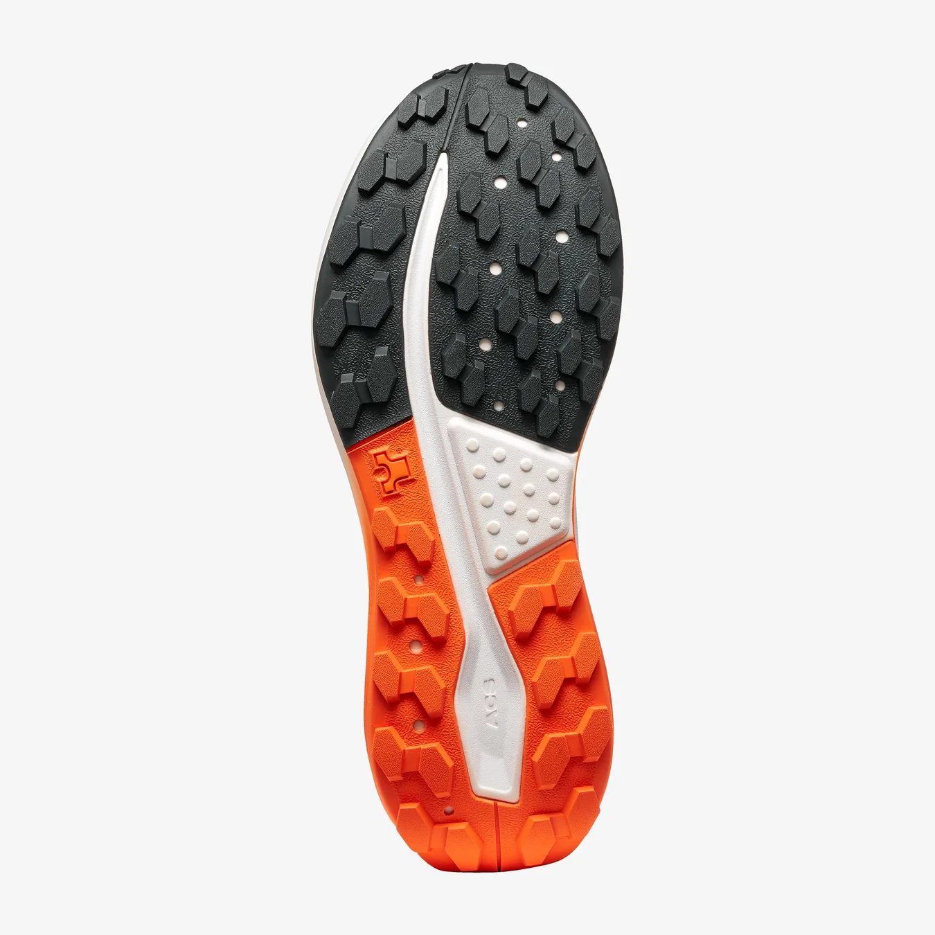 Sola de sapato desportivo com padrão geométrico em preto, branco e laranja