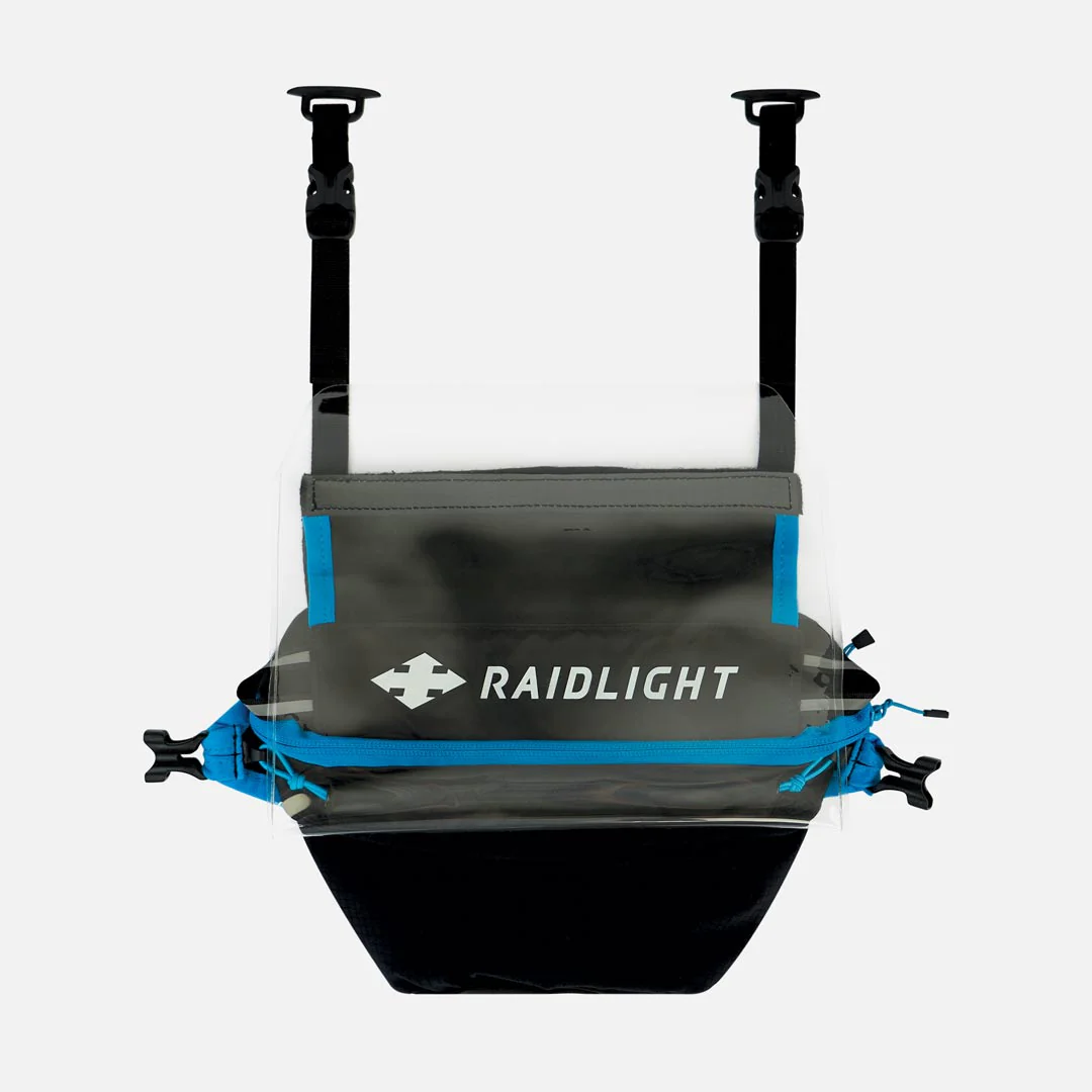 Bolsa de cintura desportiva preta e cinzenta com zíper azul e tiras ajustáveis