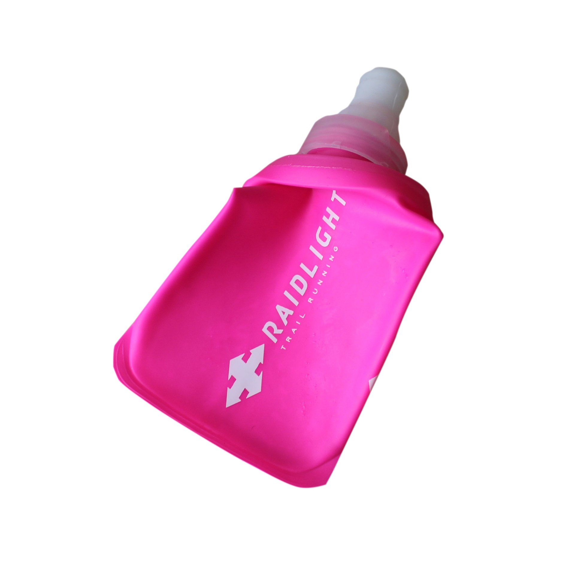 Garrafa dobrável rosa fluorescente com tampa branca e texto Raidlight