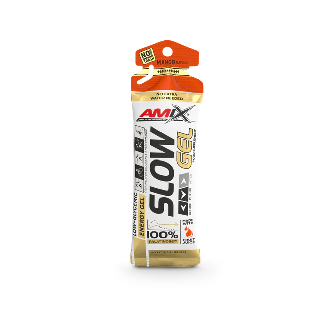 Gel energético AMIX SLOW GEL sabor manga em embalagem branca e laranja