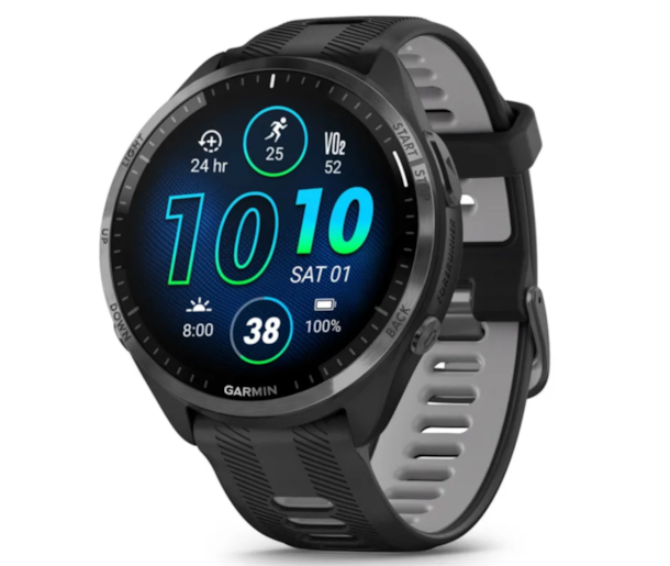 Relógio inteligente Garmin com mostrador digital colorido e bracelete preta