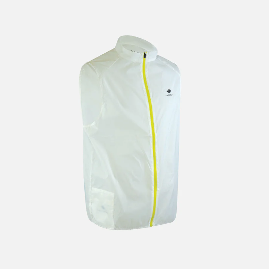 Colete branco com fecho amarelo e logo RAIDLIGHT no peito