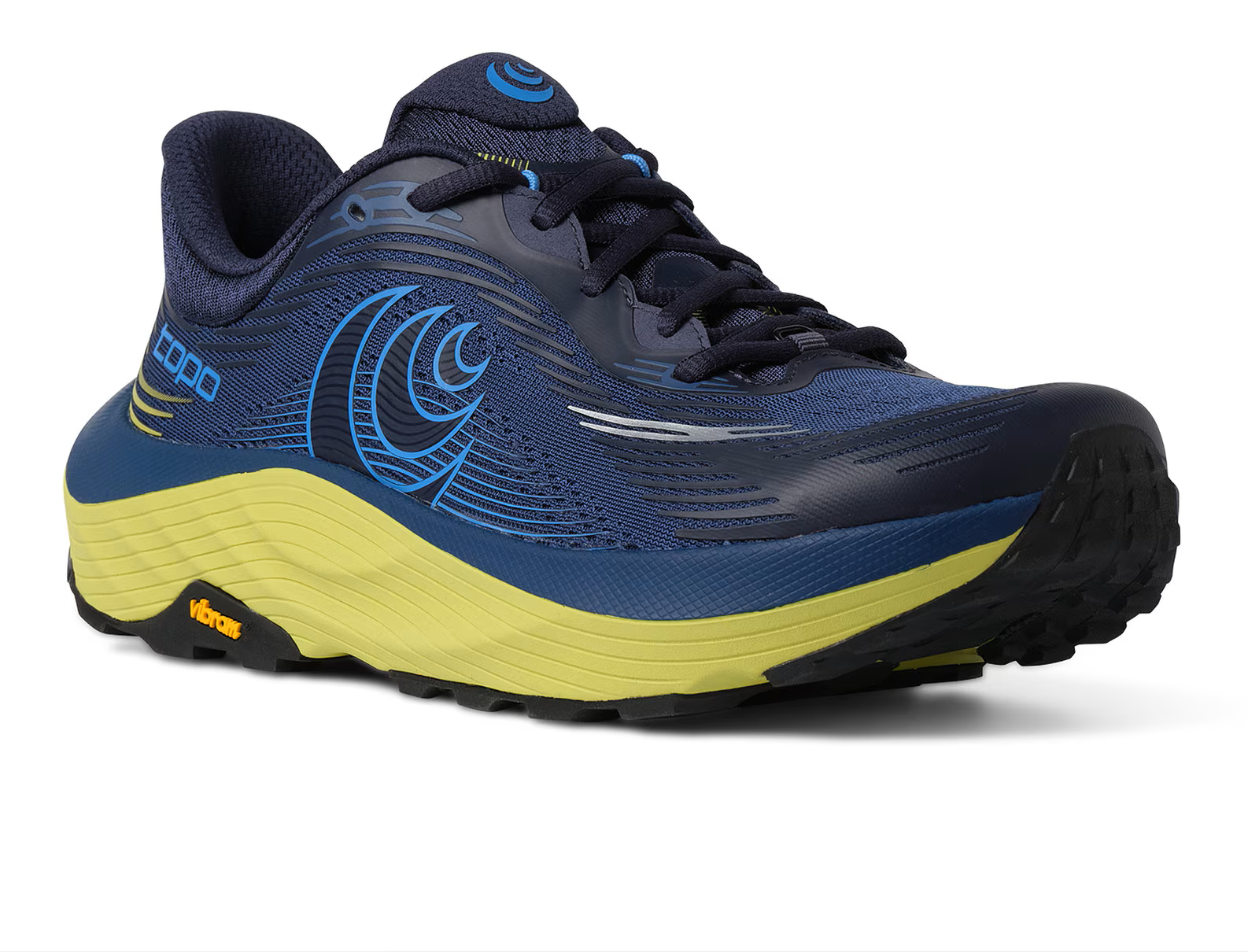 Ténis desportivos azul escuro com detalhes azuis e sola amarela com logo Vibram