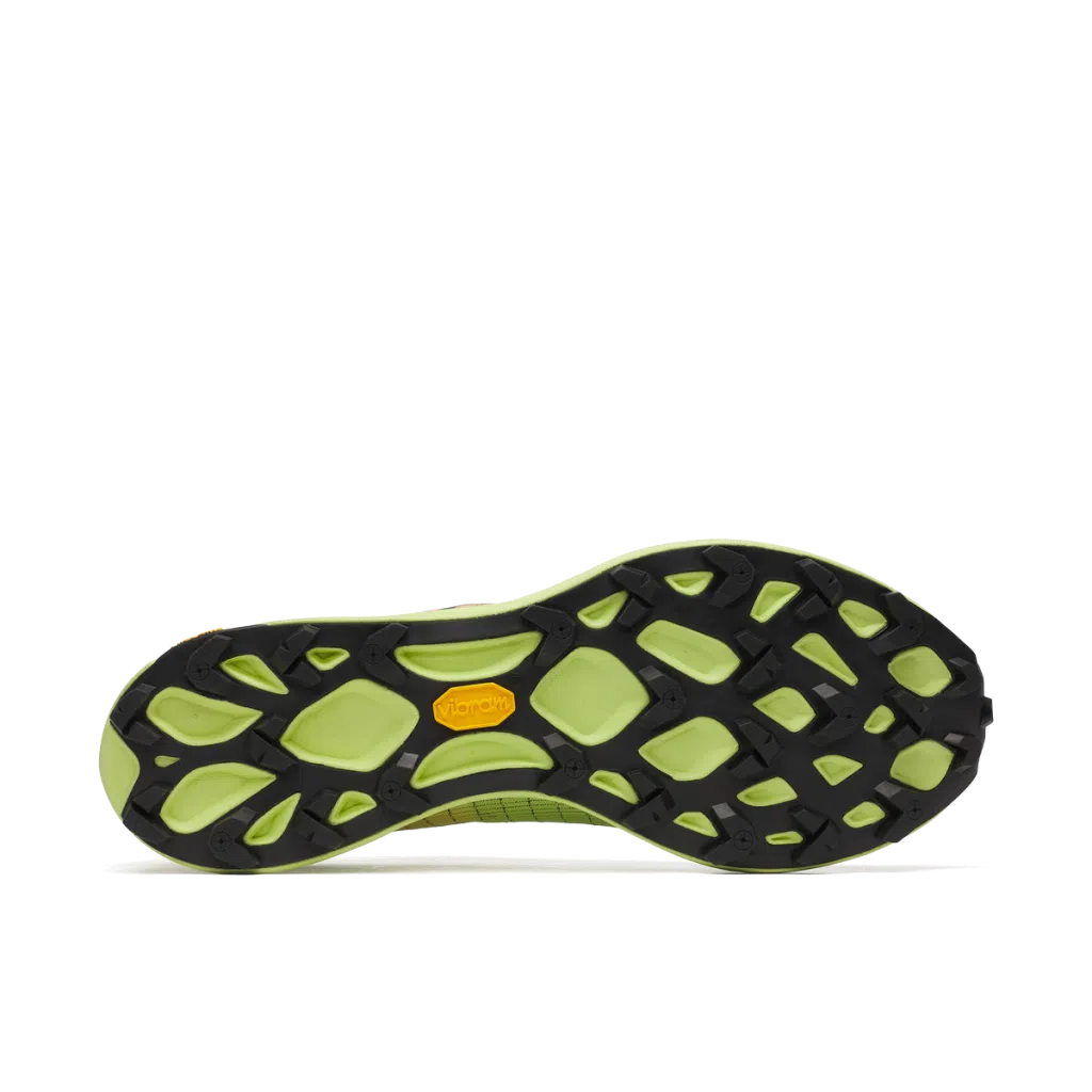 Sola de sapato desportivo preta e verde claro com logótipo amarelo Vibram