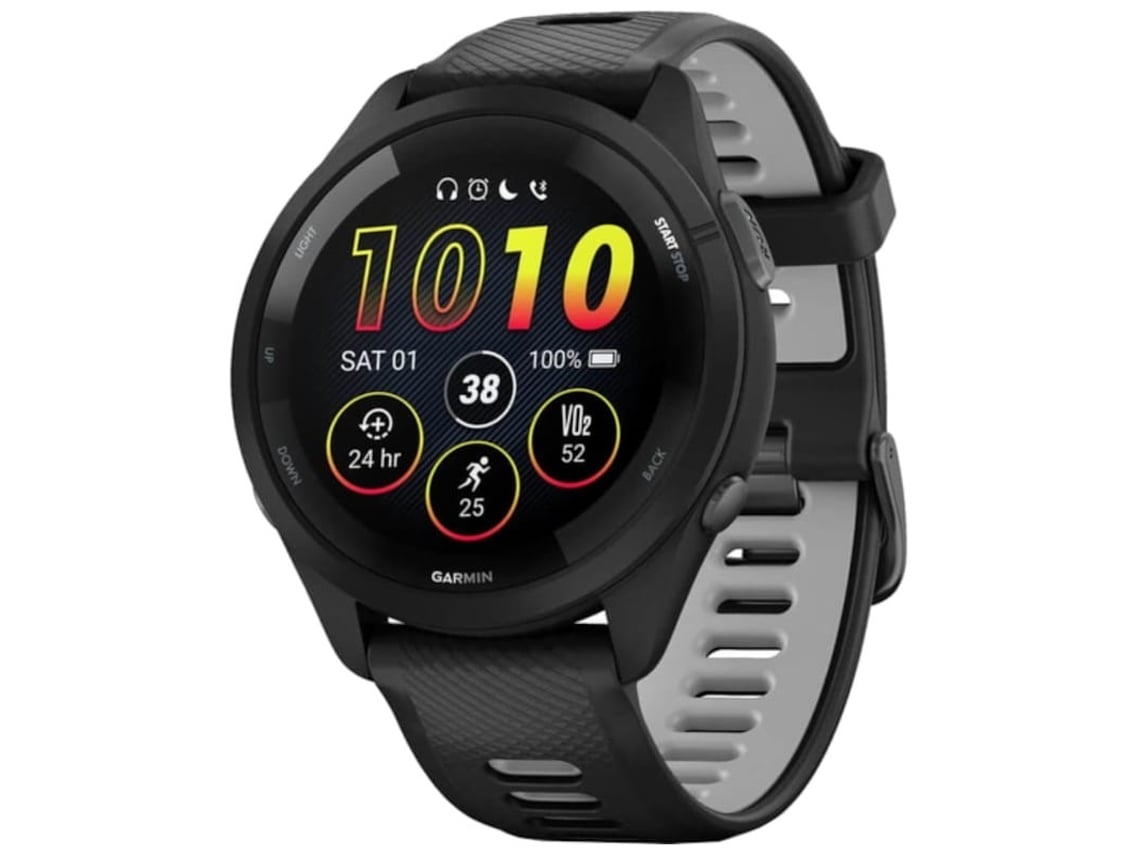 Relógio inteligente Garmin com mostrador digital e bracelete preto