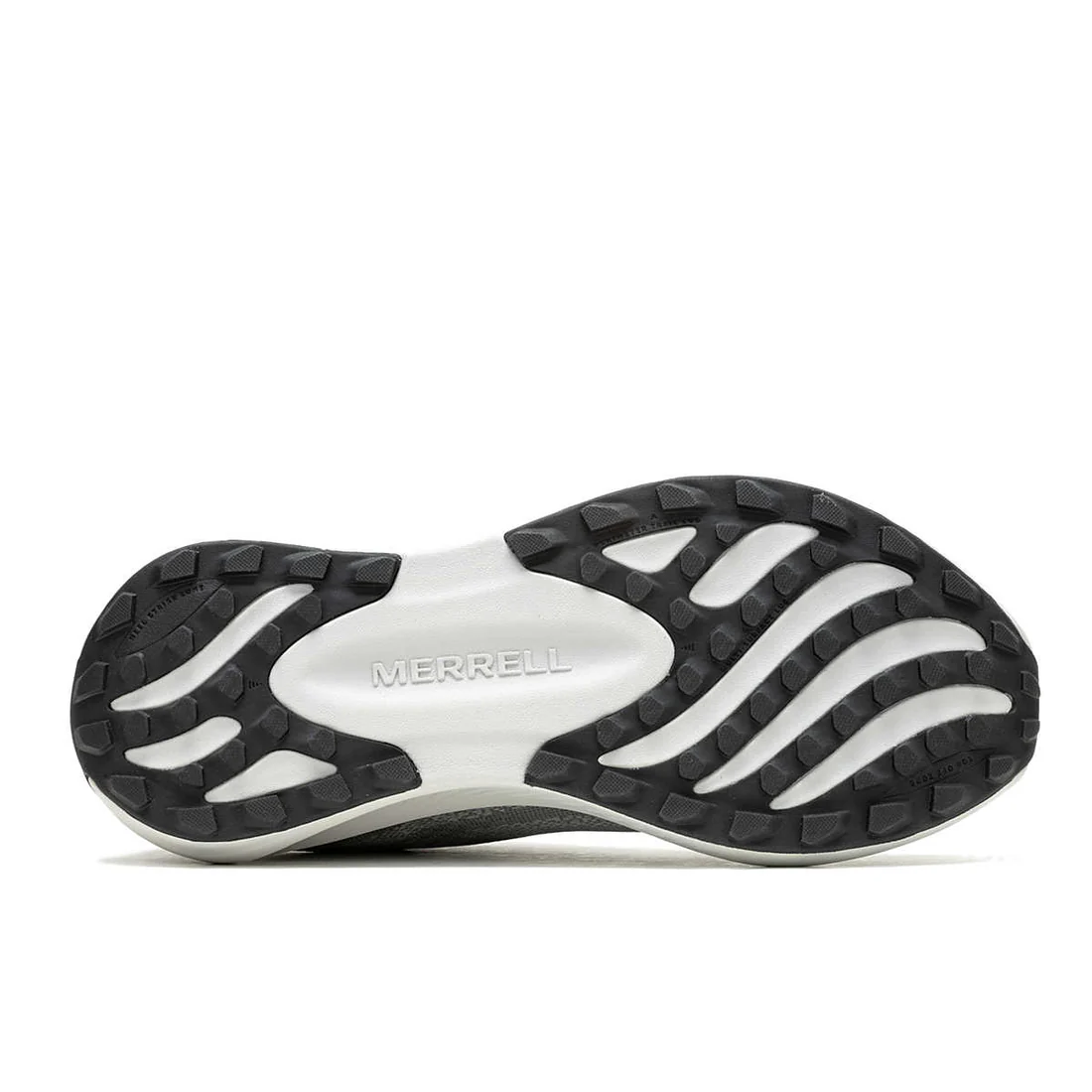 Sola de sapato Merrell preta e branca com padrão antiderrapante