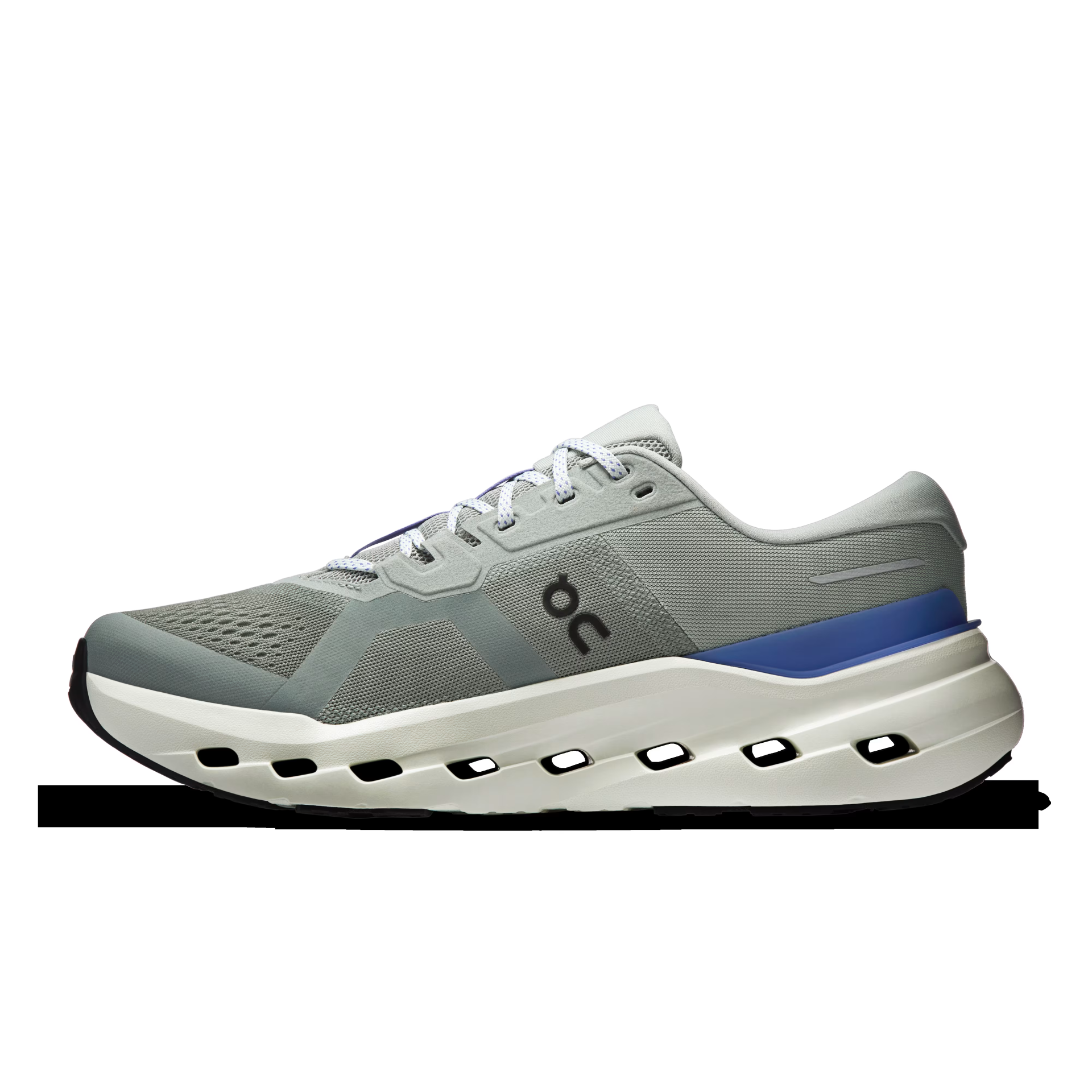 Ténis desportivo cinzento claro com detalhe azul e logo oc preto