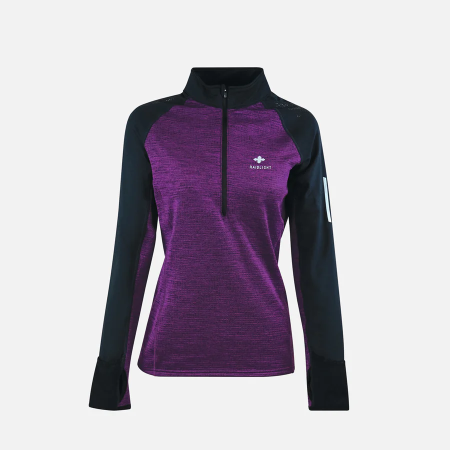 Pólo desportivo feminino roxo e negro com fecho e logo Raidlight