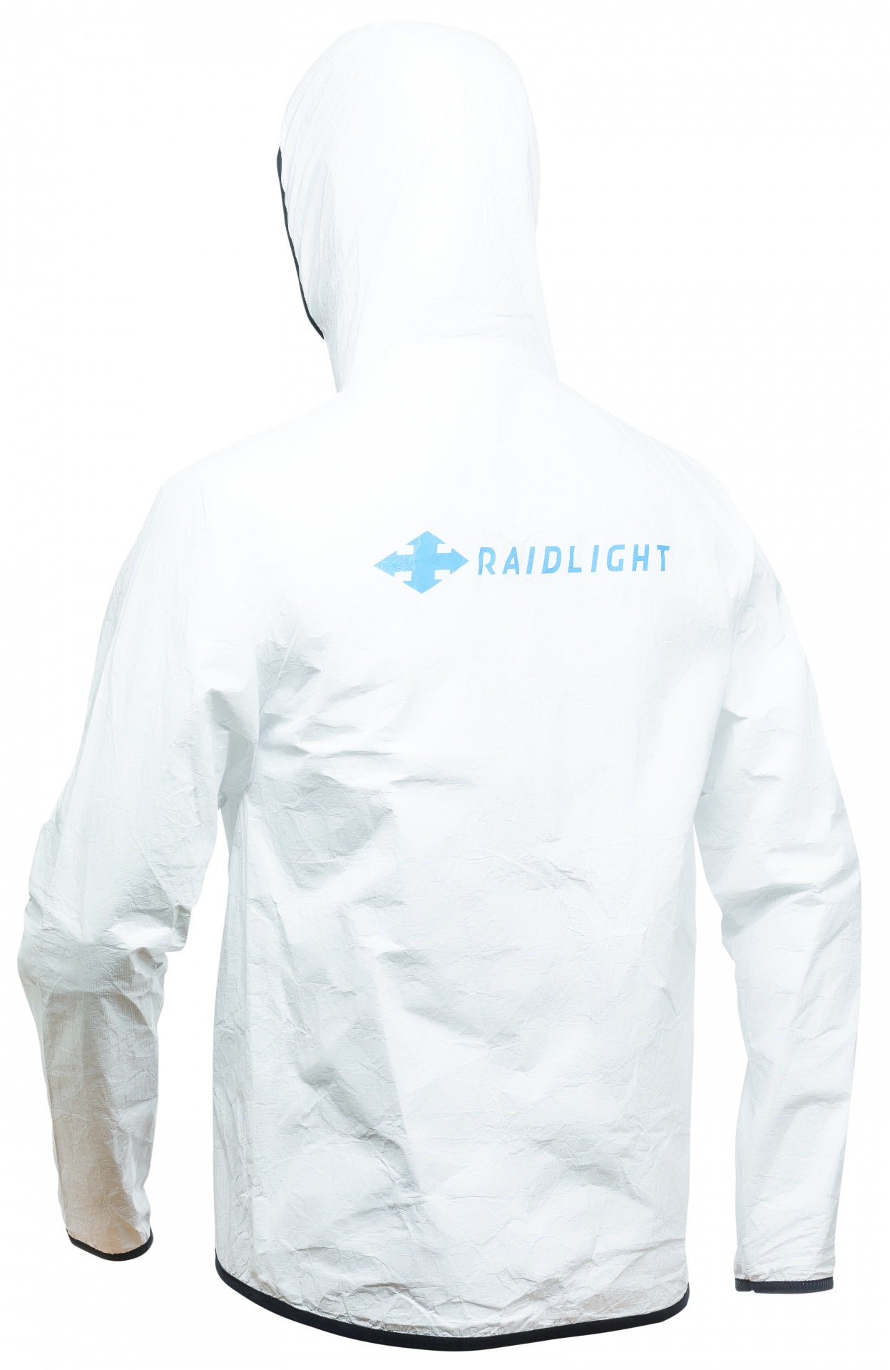 Casaco branco com capuz e logótipo azul RAIDLIGHT nas costas