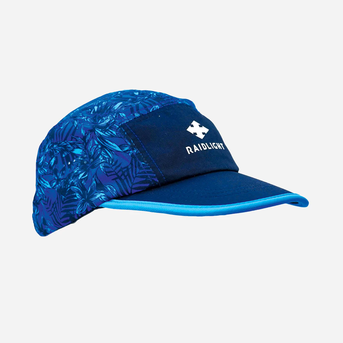 Boné azul escuro com padrão de folhas azuis e logo branco RAIDLIGHT