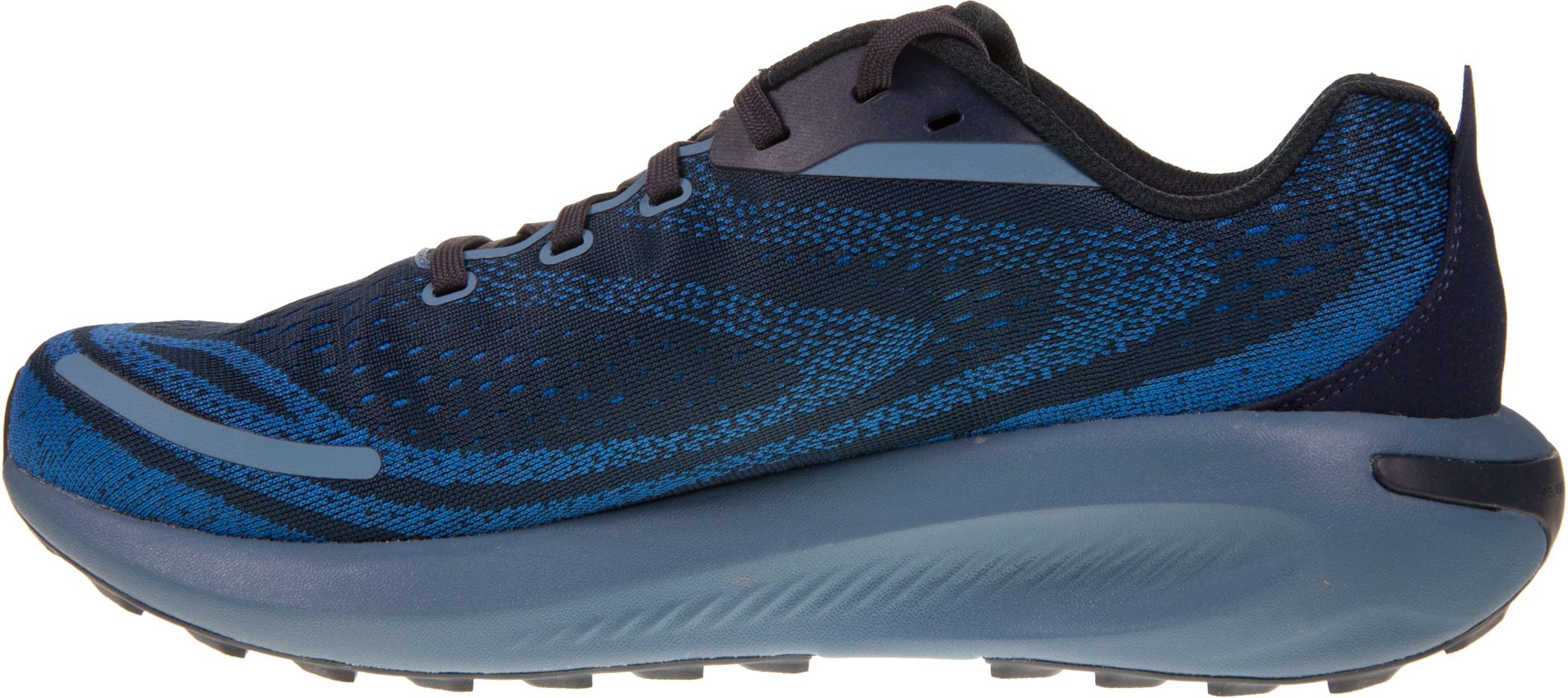 Sapatilha desportiva azul escura e azul com sola cinzento-azulada.