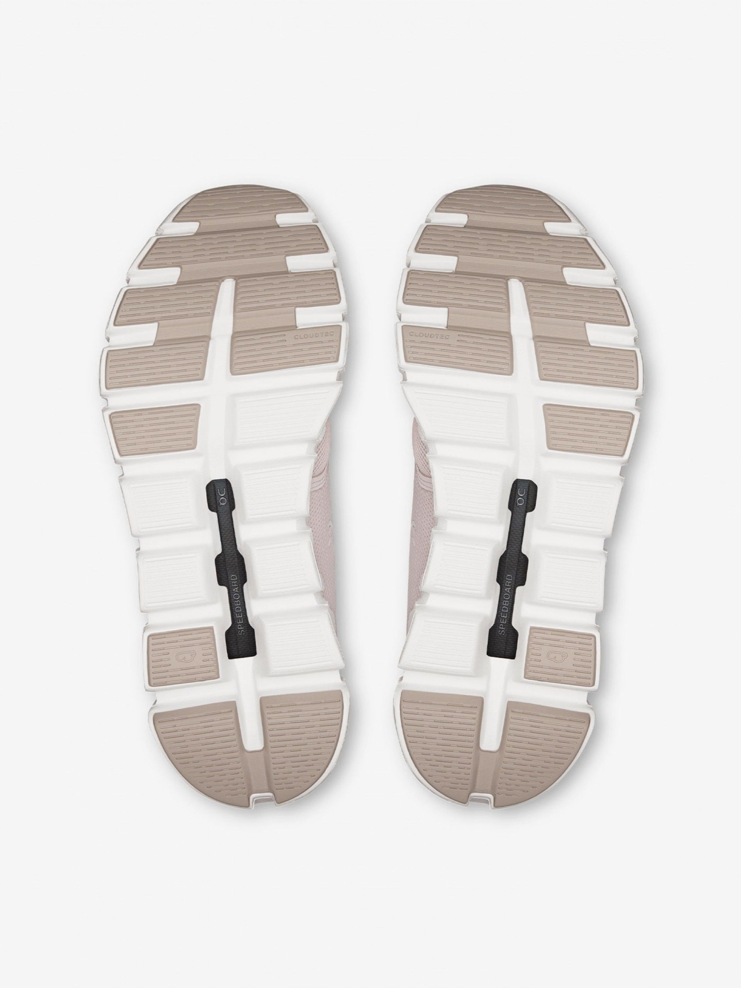 Sola de sapatos de corrida branca e bege com texto CLOUDTEC e SPEEDBOARD