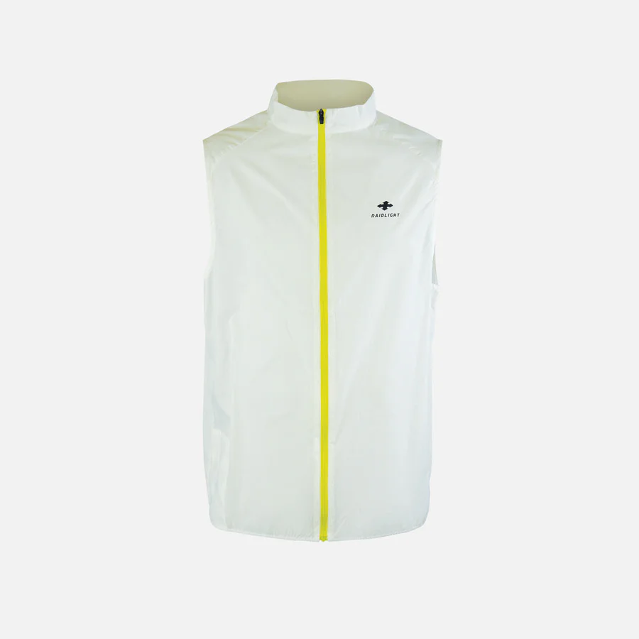 Colete branco com fecho amarelo e logotipo RAIDLIGHT