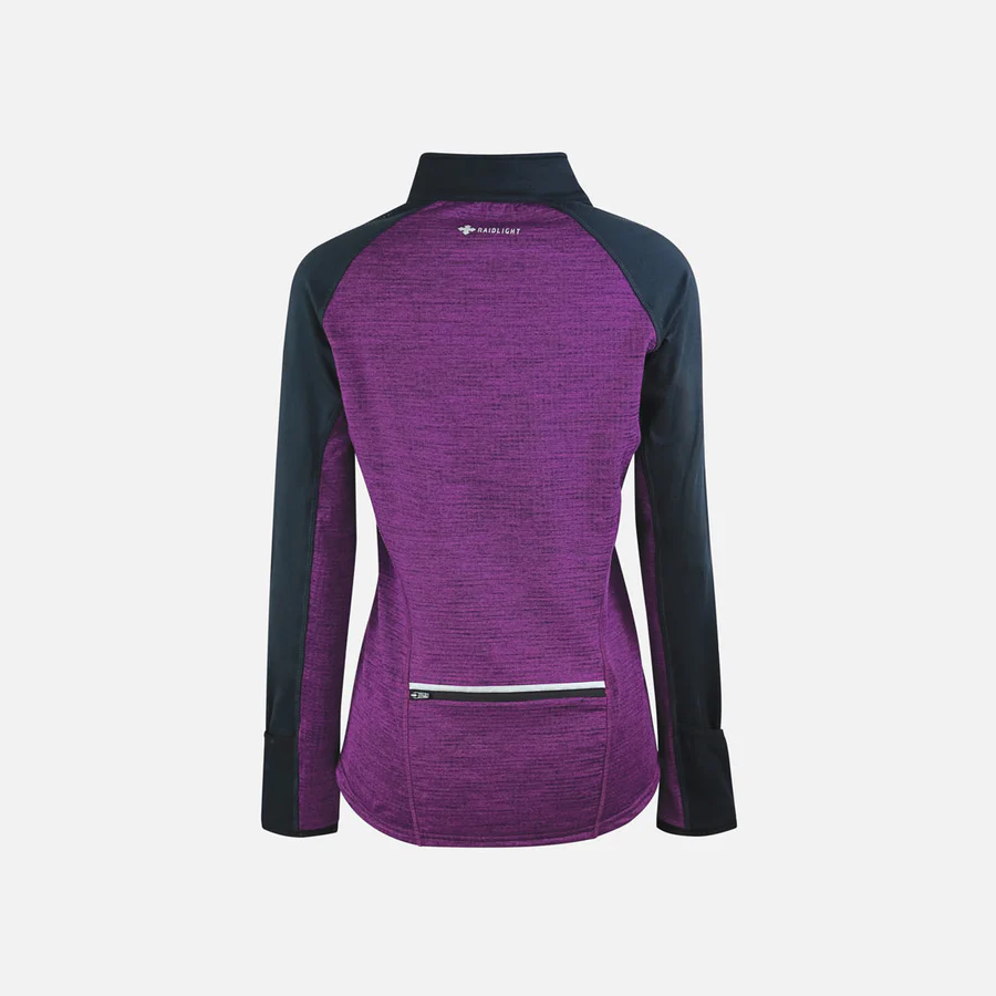 Camisola desportiva feminina roxa com mangas pretas e bolso traseiro com fecho