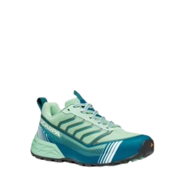 Ténis desportivos azul e verde água com palavra SCARPA branca na lateral