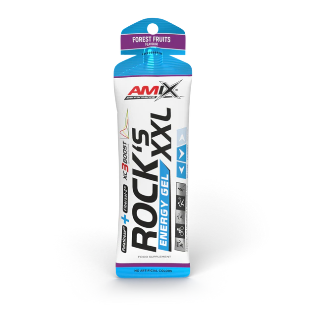Gel energético AMIX Rocks XXL sabor Forest Fruits em embalagem flexível branca, azul e roxa