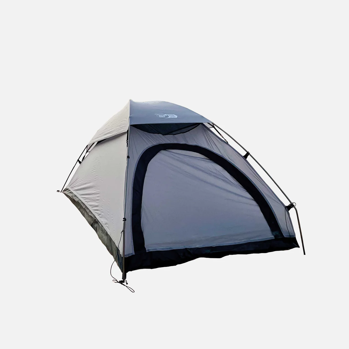 Tenda de campismo cinzenta e preta com estrutura de varões