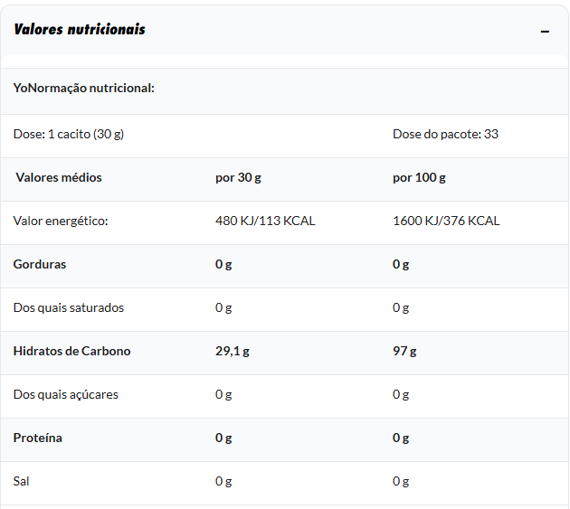 Tabela de valores nutricionais com valores por 30 g e 100 g