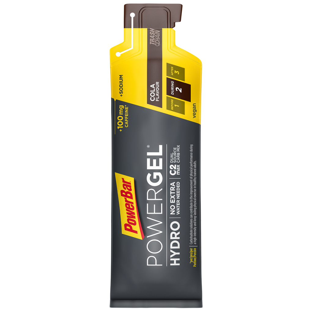 Gel energético PowerBar PowerGel Hydro Extra sabor cola em embalagem preta, amarela e castanha