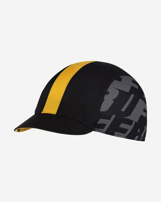 Boné de ciclismo preto com listra amarela e padrão cinza com letras