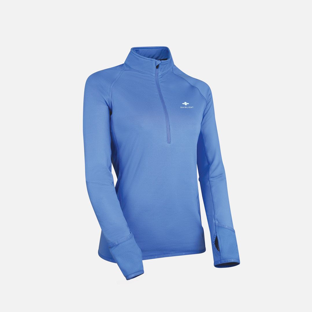 Camisola desportiva feminina azul com fecho e logótipo branco