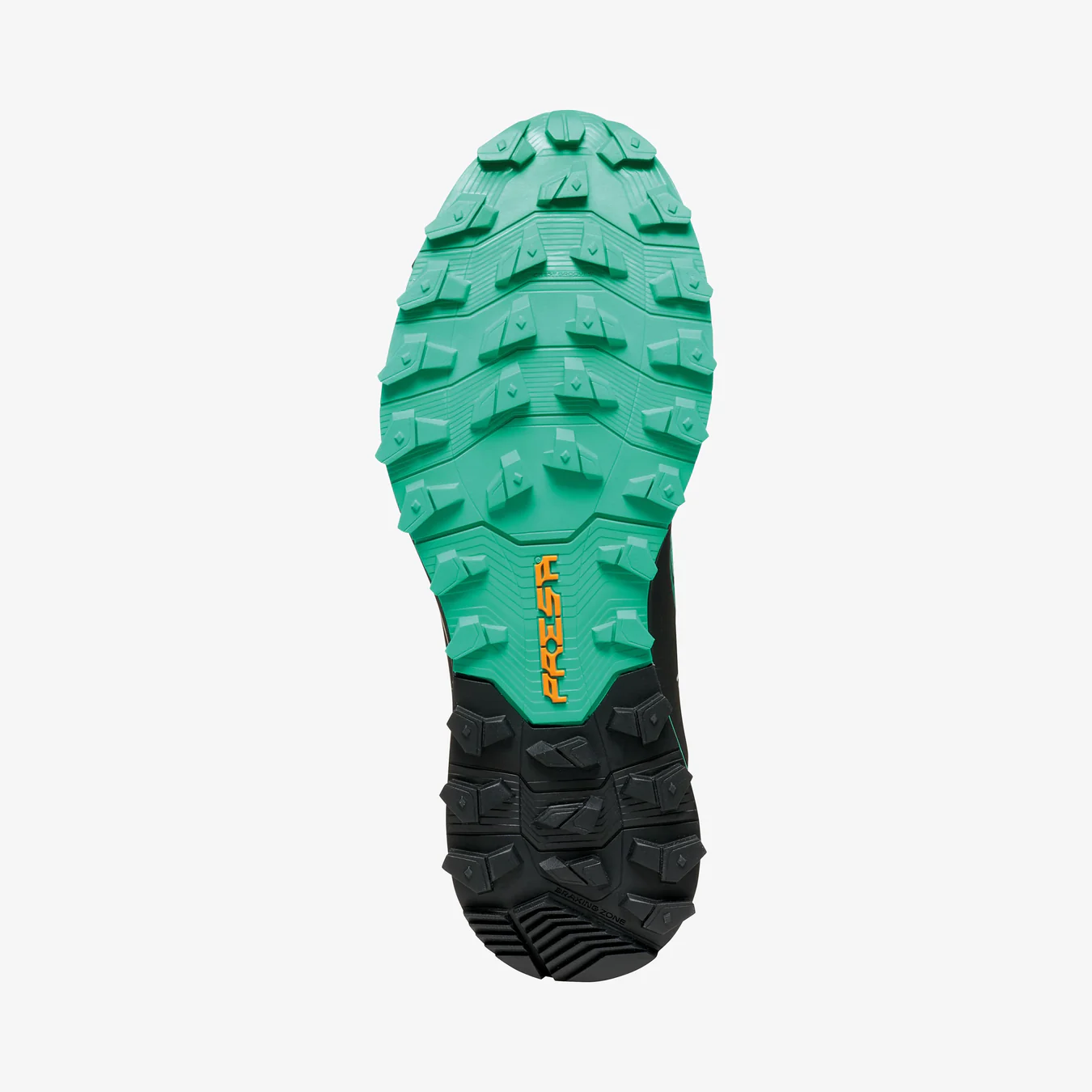 Sola de sapato de corrida com cravos em verde e preto e texto amarelo PROCAM