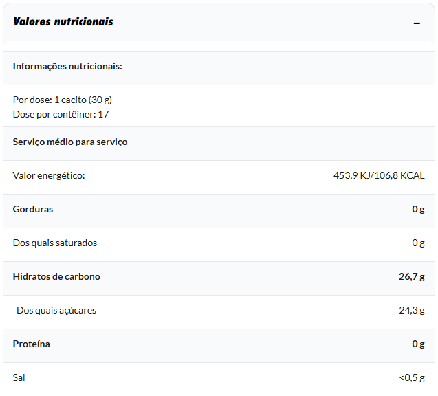 Tabela de valores nutricionais com informações sobre gorduras, hidratos de carbono, proteínas e sal