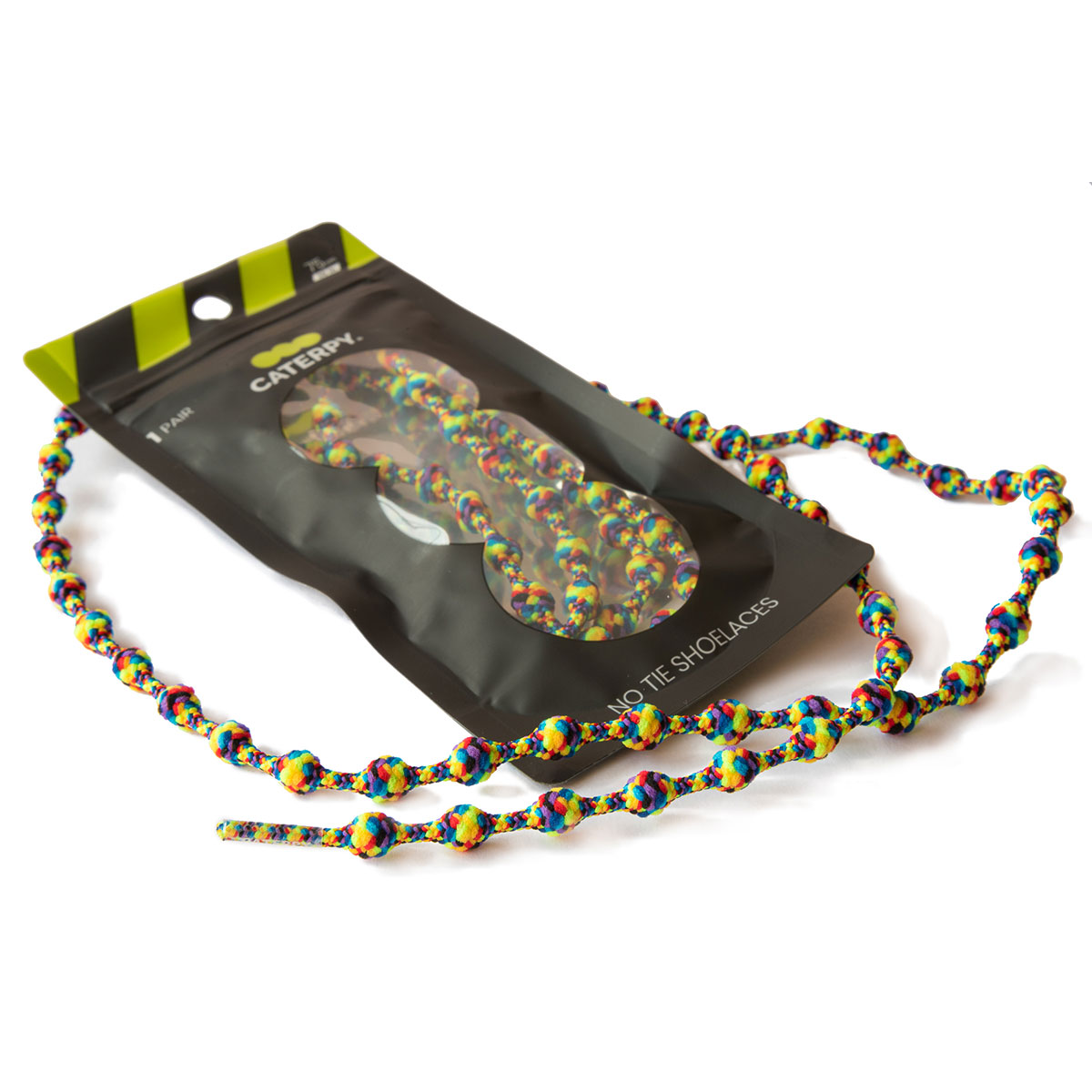 Cordões coloridos para sapatos em embalagem preta com texto