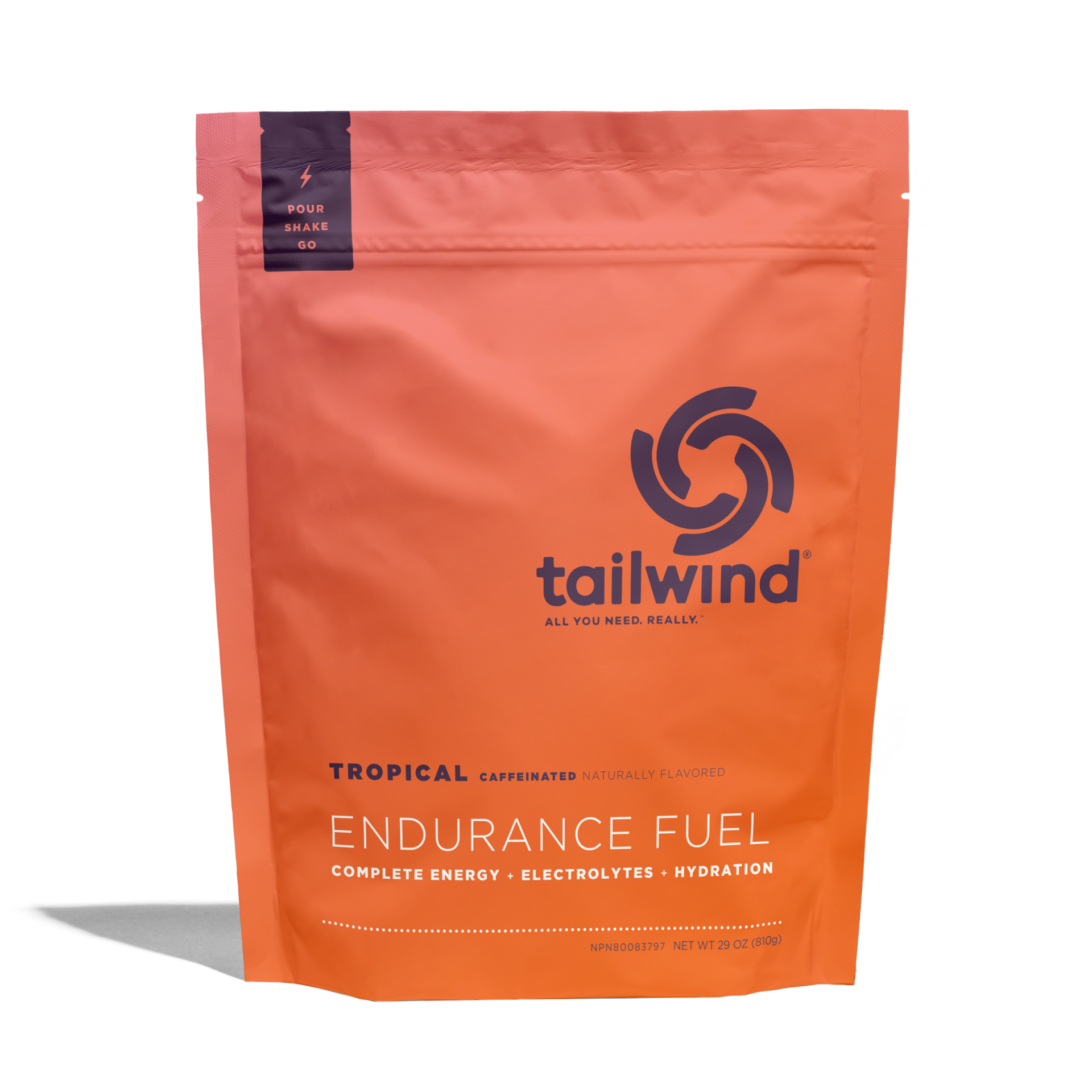 Embalagem laranja Tailwind Tropical Endurance Fuel com texto azul e branco