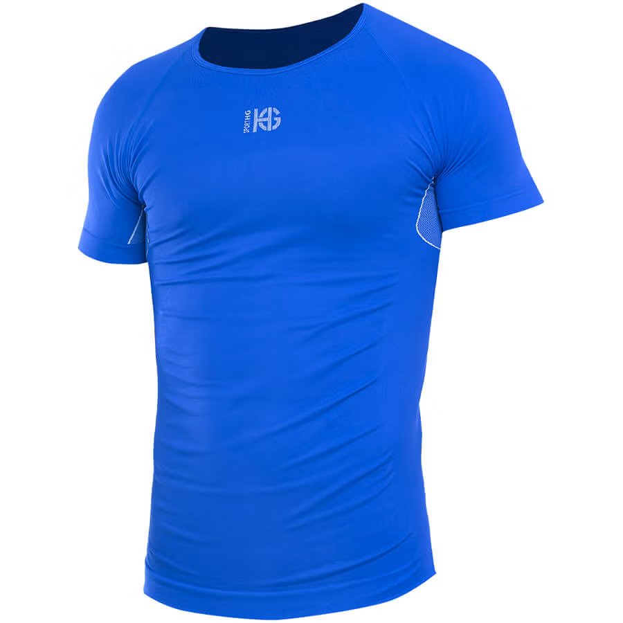 Camisola desportiva azul de manga curta com logótipo branco
