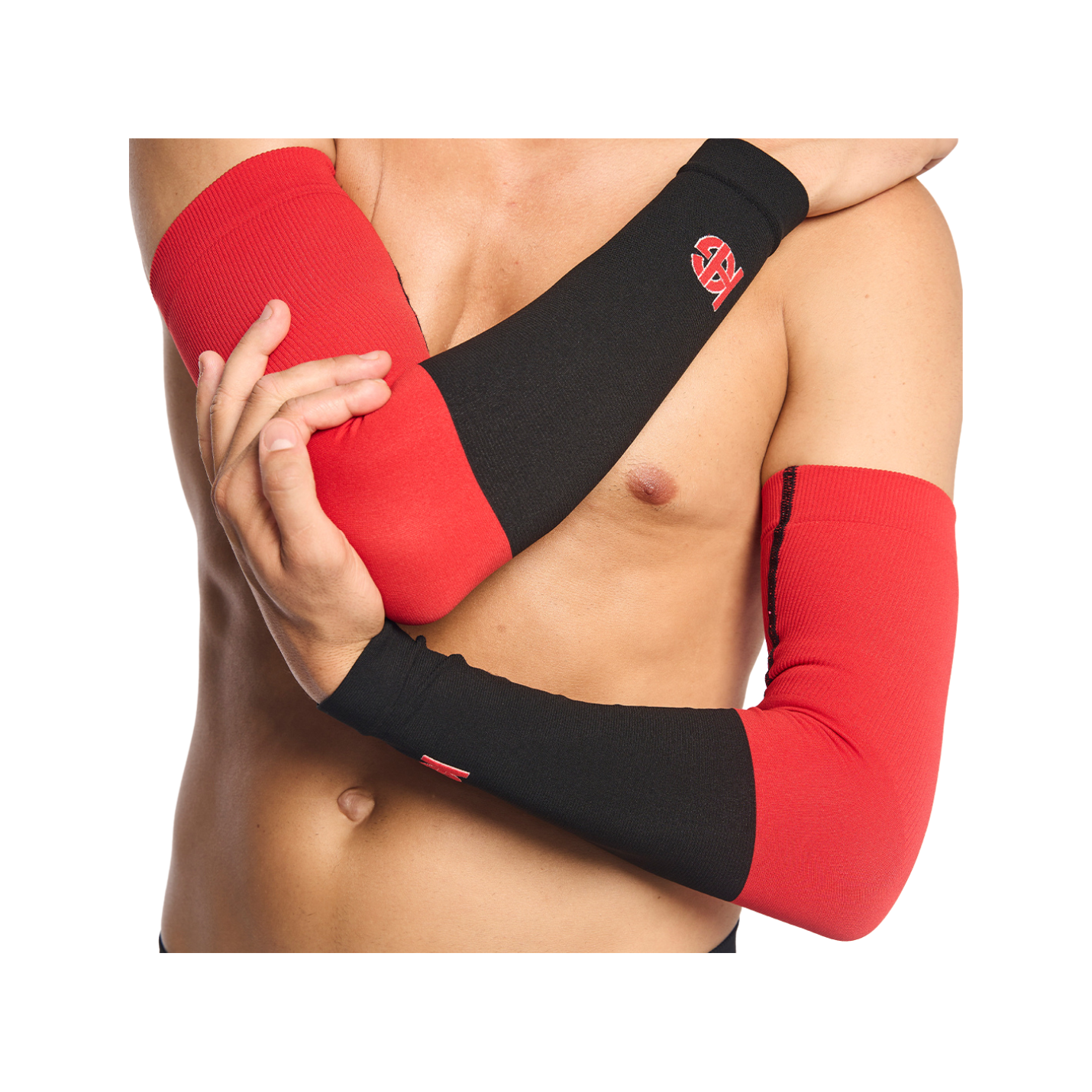 Manguitos bicolor vermelho e preto em braço masculino