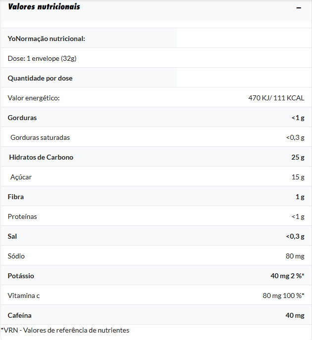 Tabela de valores nutricionais com informações de dose, energia, gorduras, hidratos, açúcar, fibra, proteínas, sal, sódio, potássio, Vitamina C e cafeína