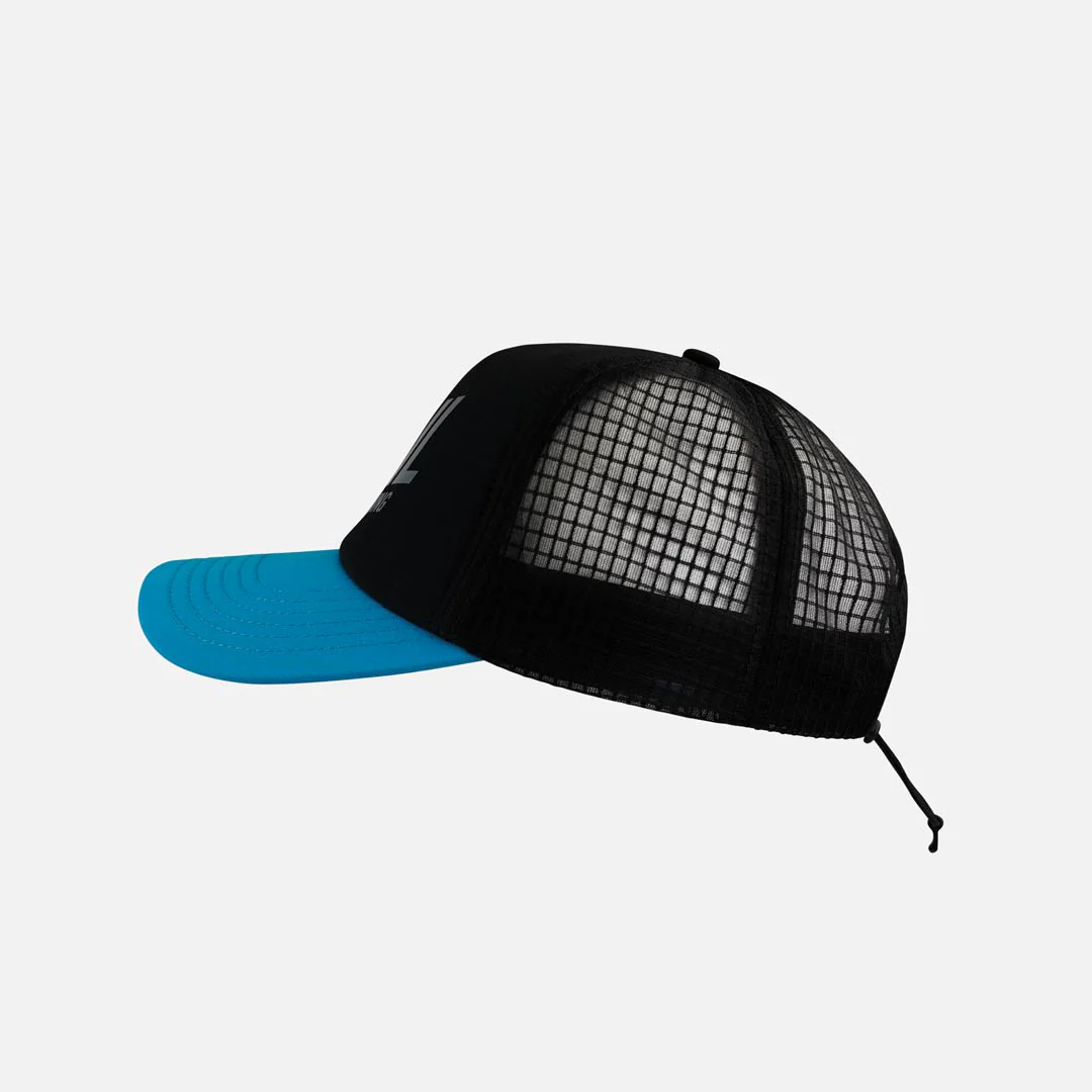 Boné trucker azul e preto com rede e cordão ajustável