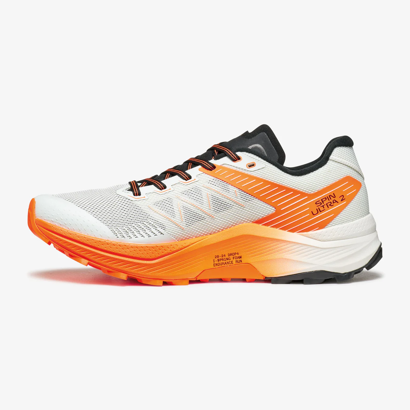 Ténis de corrida branco e laranja com escrita Spin Ultra 2