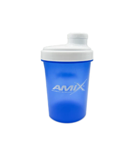 Coqueteleira azul com tampa branca e texto AMIX