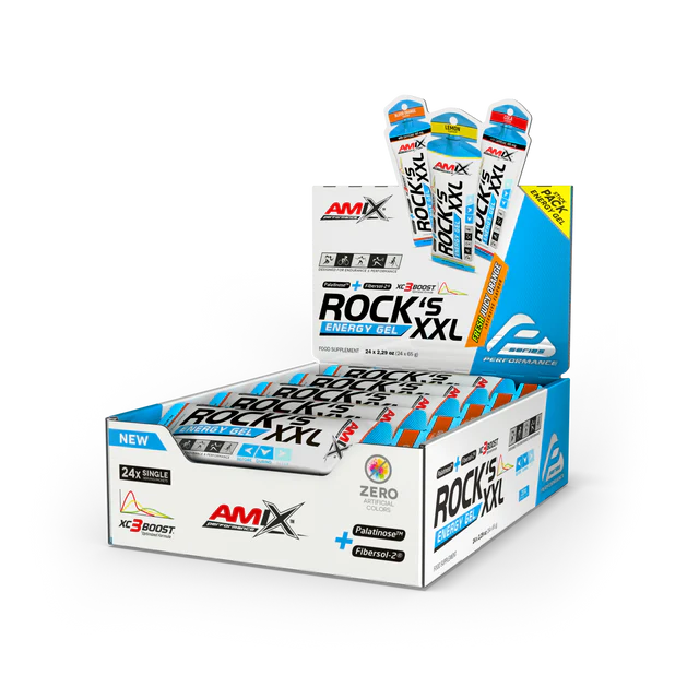 Caixa aberta de gel energético AMIX ROCKS XXL com embalagens individuais azul e branco