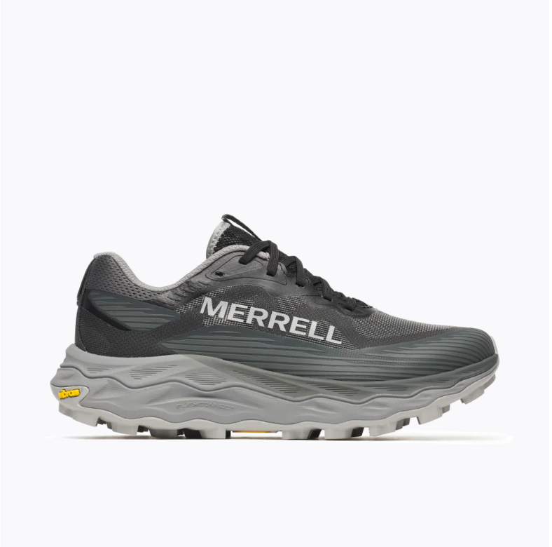 Ténis de corrida Merrell cinzento e preto com sola Vibram cinza clara