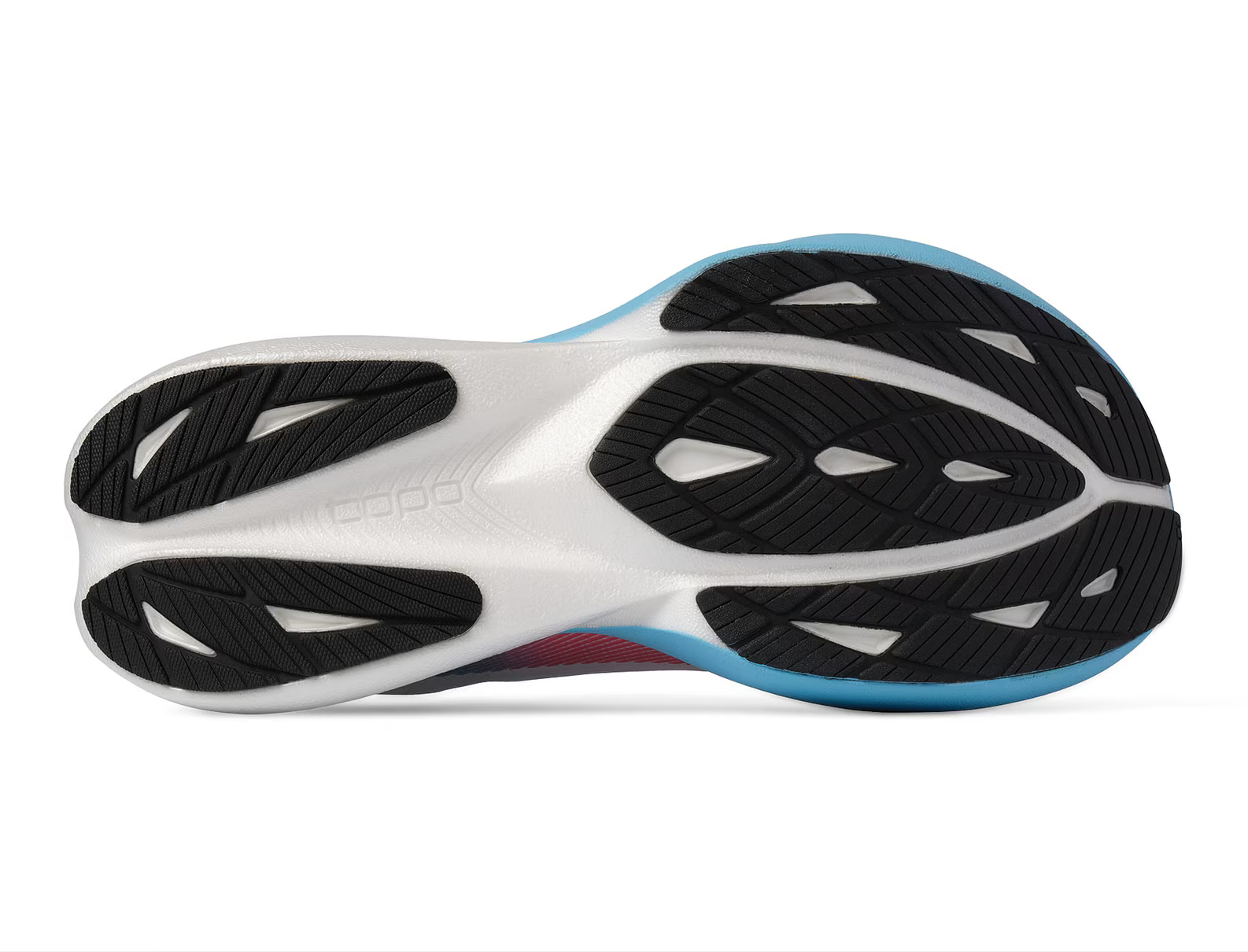 Sola de sapato desportivo com padrão antiderrapante preto, branco e azul